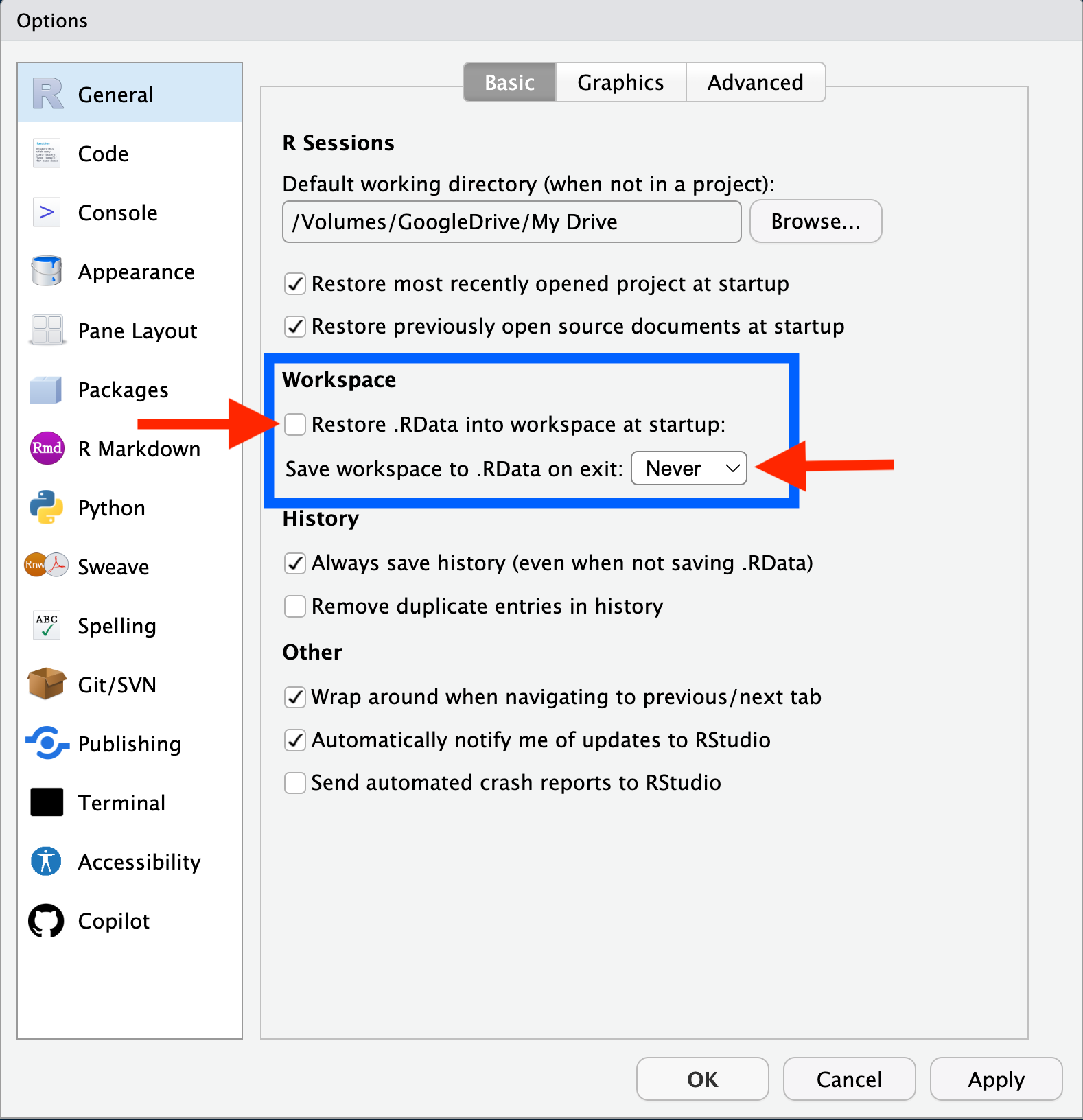 Figure 1: RStudio Global Options